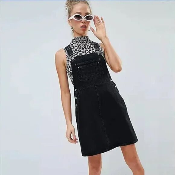 ASOS Black Denim Bib Overall Shortall Mini Dress size US 8 - Picture 1 of 7